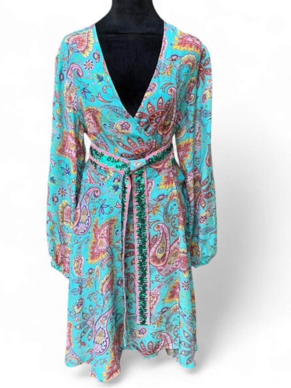 Coastal Boho Glam Boston Proper Long Sleeve Wrap Dress with Sequined Belt